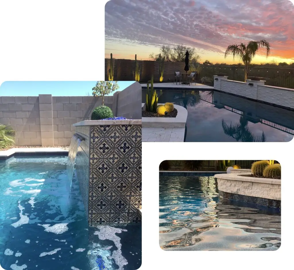 Multiple photos of clean pools with water features and fire pots.